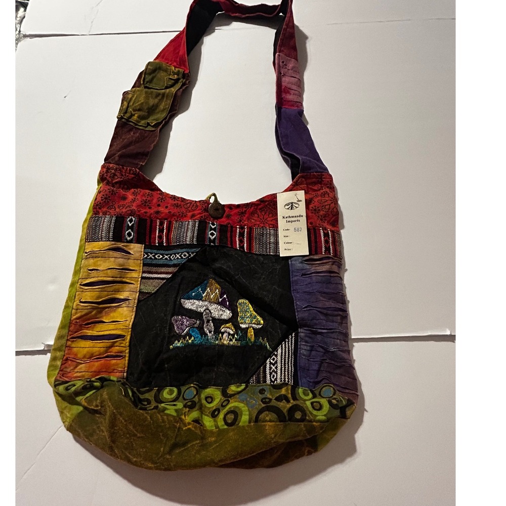 Kathmandu Imports Patchwork Mushroom Embroidered Boho Hobo Bag Multicolor